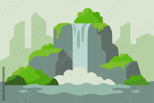 A vibrant vector illustration of an urban cityscape with green trees and a mountainous landscape under a summer sky