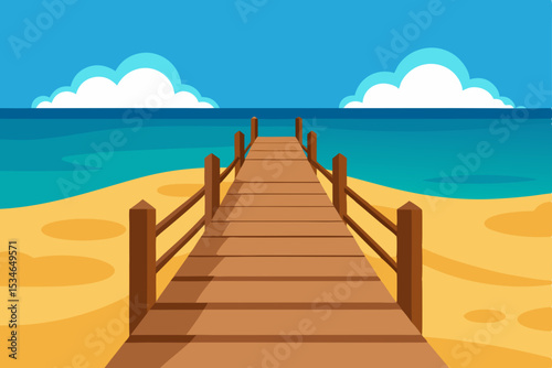Wooden pier stretching into the blue tropical ocean under a summer sky, a serene coastal landscape