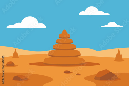 Sunset landscape with a sand castle on the beach vector illustration under an orange sky with distant mountains and summer clouds