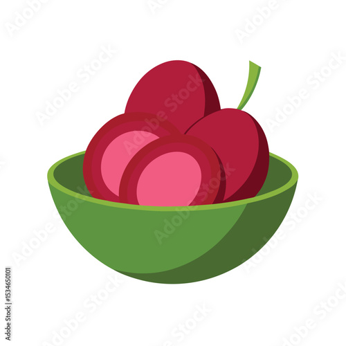 Vibrant Red Plums in a Green Bowl A Delightful Summer Fruit Illustration