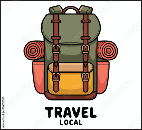 Travel Local Backpack with Sleeping Bag Adventure Vector Illustration