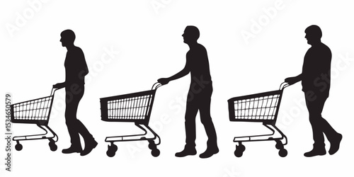 Silhouette of shoppers with shopping carts at grocery store for retail business and consumer lifestyle use, vector style