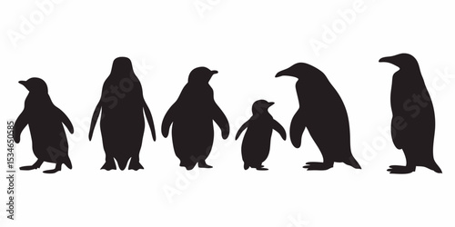 Penguin silhouettes vector art illustration of antarctic birds family wildlife animal group black and white design