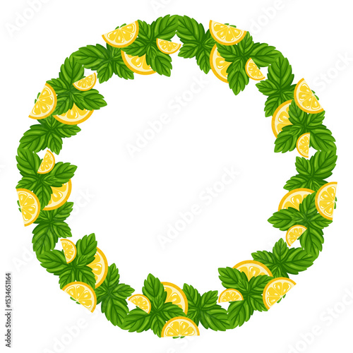 Cartoon lemon and mint frame with citrus slices and green leaves. Vector isolated illustration on white background