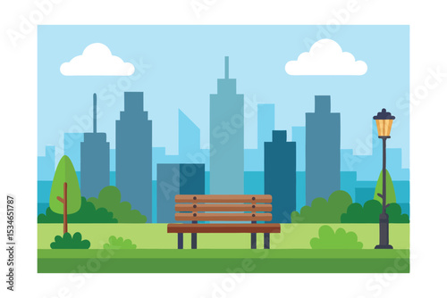 Urban Park Serenity Cityscape Bench View, Tranquil Green Space Illustration