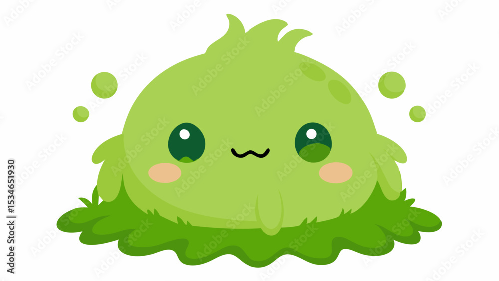 Naklejka premium Cute Green Moss Blob Spirit Character with Big Eyes Sitting on Grass Vector Illustration