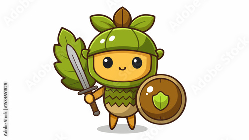 Cute Chibi Acorn Knight Cartoon Character with Leafy Shield and Twig Sword on White Background warrior