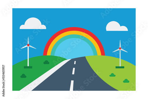 Vibrant Rainbow Road A Scenic Drive Towards a Sustainable Future with Wind Turbines