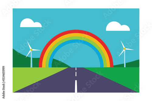 Vibrant Rainbow Arch over Green Landscape with Wind Turbines and Road A Symbol of Clean Energy and Hope