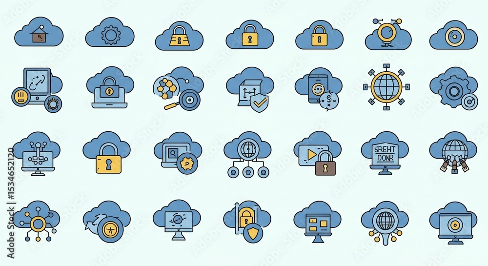 Obraz premium Cloud Icons: An array of stylized cloud icons representing data storage and the digital universe, communicating digital cloud security.