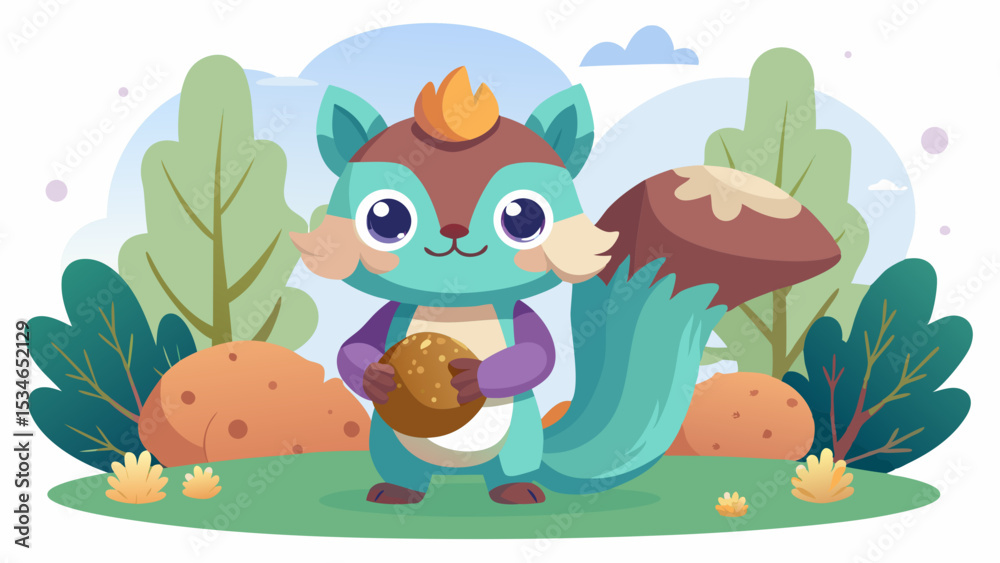 Naklejka premium Kawaii Teal Squirrel Elf Hybrid with Orange Flame Crown Holding Giant Acorn in Green Forest Setting vector