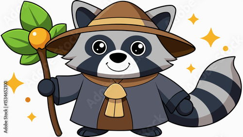 Kawaii Raccoon Wizard with Brown Hat and Grey Robe Holding a Magical Staff on White Background mage sorcerer