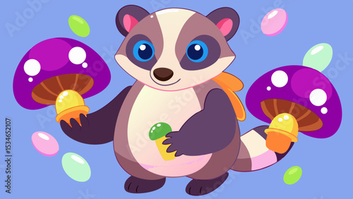 Pastel Badger Sprite with Glowing Mushrooms on Light Blue Background cartoon character