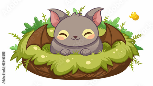 Kawaii Grey Bat Bear Hybrid Sleeping in a Green Moss Nest with Brown Wings vector