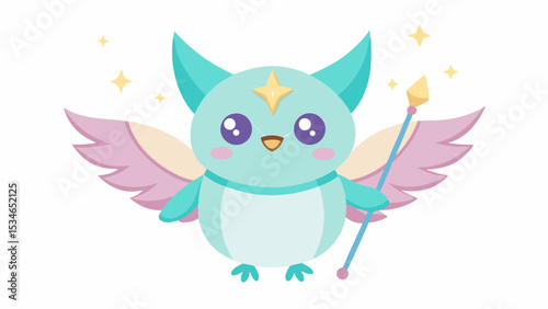 Kawaii Teal Bush Monster with Pink Wings Holding a Wand Berries for Eyes Star on Head turquoise mint green