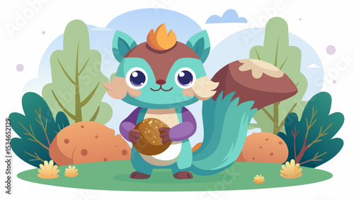Kawaii Teal Squirrel Elf Hybrid with Orange Flame Crown Holding Giant Acorn in Green Forest Setting vector