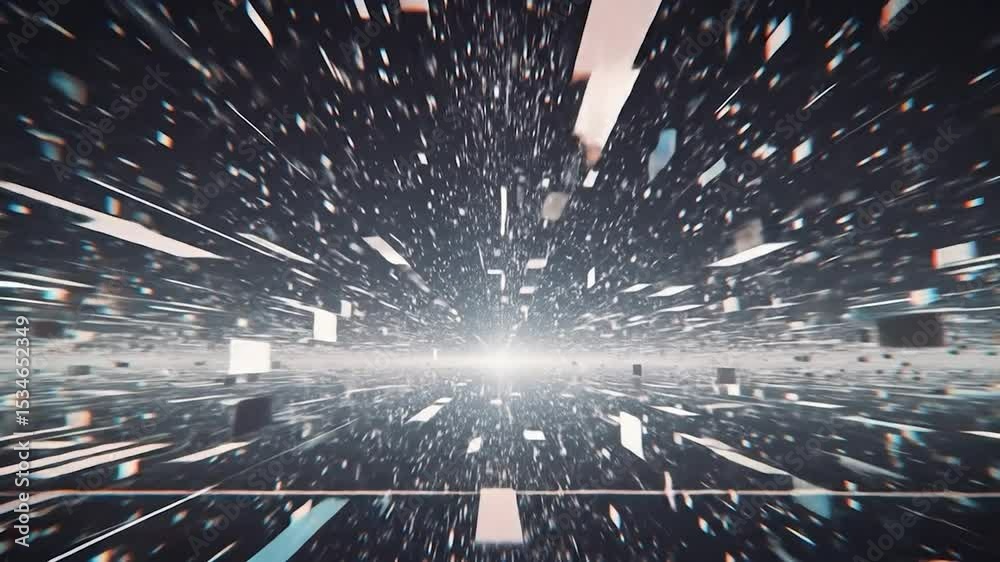 Abstract digital artwork depicting a perspective of fast-moving, fragmented shapes converging towards a bright central point, creating a sense of depth and speed within a dark, textured space