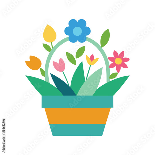 Vibrant Spring Flowers in a Colorful Planter Basket A Delightful Floral Arrangement
