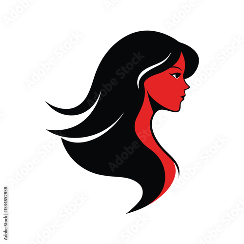 Elegant Woman Profile Red and Black Hair Silhouette Illustration