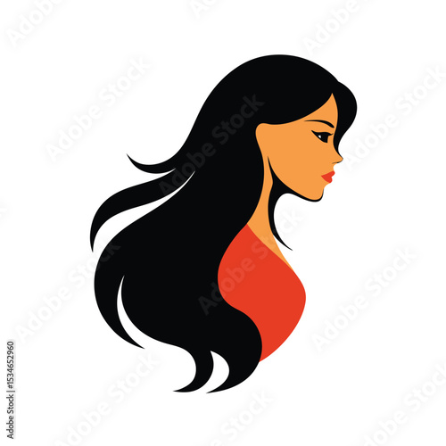 Elegant Woman Profile Long Black Hair and Red Dress Illustration