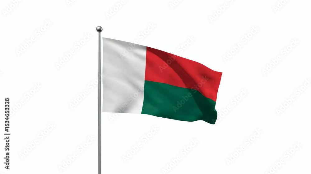 A Madagascar flag waves against a white background on a pole