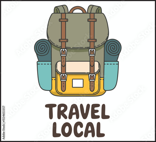 Travel Local Backpack with Sleeping Bag Adventure Vector Illustration