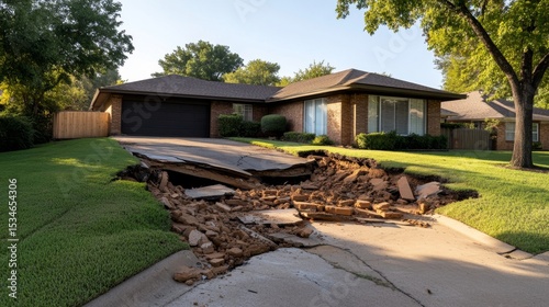 Suburban house with collapsed driveway and surrounding greenery