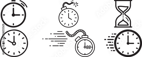 Set of Six Time Icons, Featuring Clocks, Stopwatch, Hourglass, and Countdown Concepts