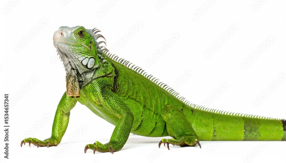 Obraz premium Vibrant green iguana posing gracefully. This iguana exhibits striking scales and a long tail