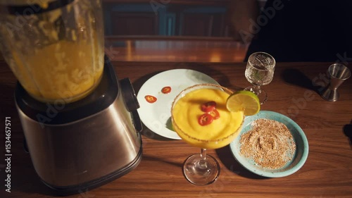 Spicy mango margarita 5 stage ready to drink margarita glass presentation