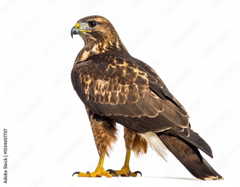 Fototapeta premium A majestic hawk standing proudly, showcasing its sharp talons and keen gaze. The bird has a mix of brown and white feathers