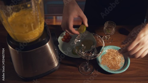 Spicy mango margarita 3 stage glass preparation