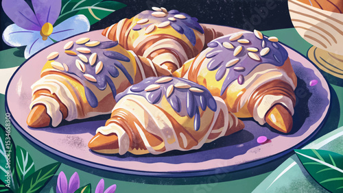 almond croissants with golden flaky layers and rich almond filling. A perfect pastry choice for breakfast or dessert with a nutty, buttery aroma and texture