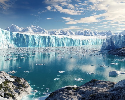 An environmental concept art featuring climate change impact on glaciers and polar regions with realistic textures.