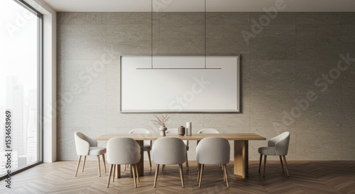 Dining Space with Stone Wall & Empty Horizontal Frame Professional Interior Mockup