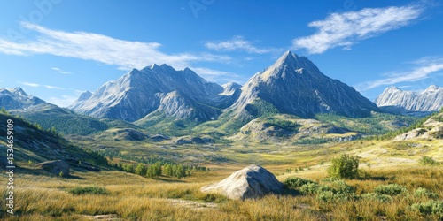An environmental concept art featuring mountain landscapes untouched by development with realistic textures.