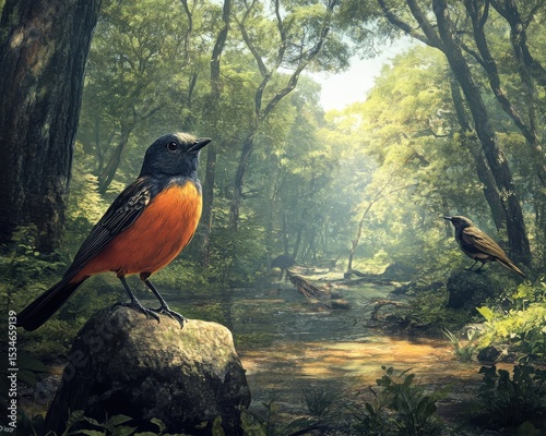 An environmental concept art featuring birdwatching and native bird species in forests with realistic textures.