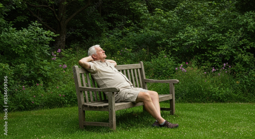 Fototapeta premium Relaxing elderly man on a bench in a lush park nature serene environment peaceful viewpoint