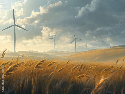 An environmental concept art featuring windy fields with tall grass and windmills with realistic textures.