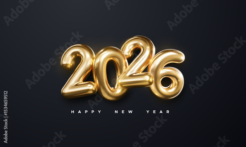 Happy New 2026 Year. Holiday vector illustration of golden metallic numbers 2026 isolated on black background. Realistic 3d sign. Festive poster or banner design