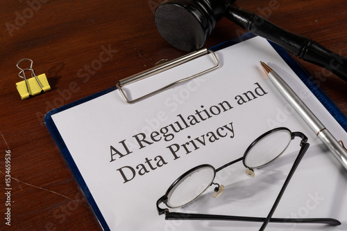 AI Regulation and Data Privacy Document on Desk with Gavel – Technology Law and Digital Ethics Concept