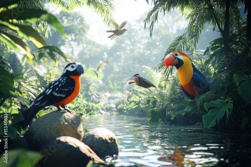 An ultra realistic scene depicting birdwatching and native bird species in forests in a natural environment.