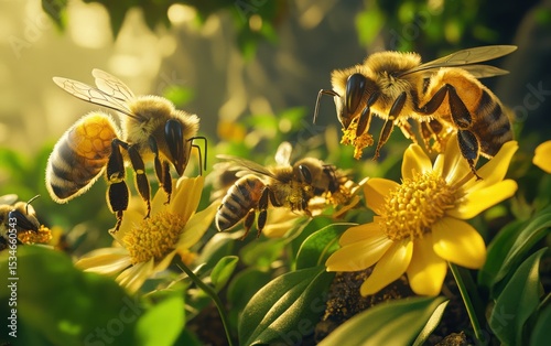 An ultra realistic scene depicting bees pollinating flowers and supporting ecosystems in a natural environment.