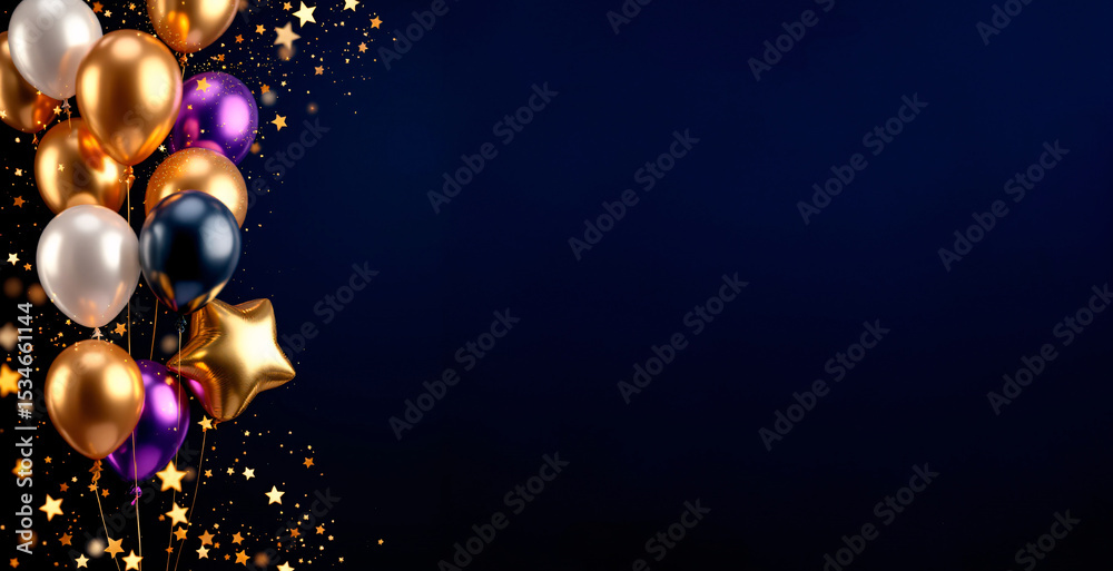 Fototapeta premium Dark blue background with violet, white, gold and dark blue balloons and star confetti
