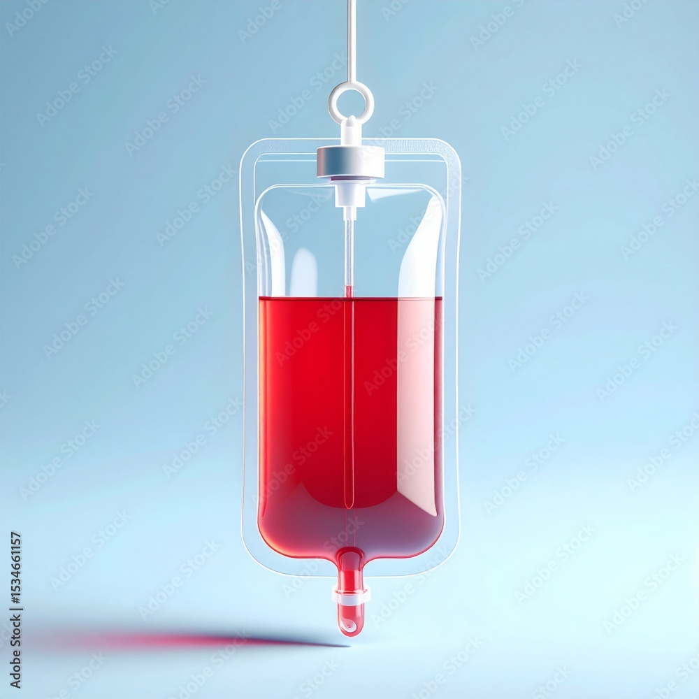 Obraz premium Red Blood Bag Hanging Against Light Blue Background