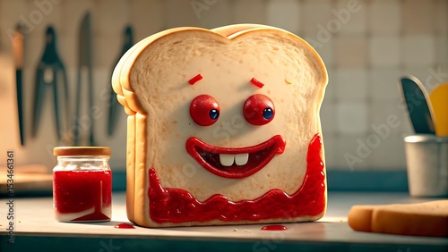 A slice of bread with a face made of jam next to a jar of jam in a kitchen setting