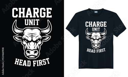 Aggressive bull head Charge Unit graphic for fearless black T-shirt with bold athletic street style