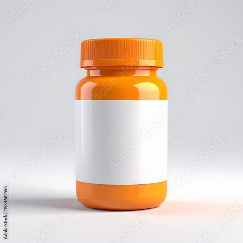 Orange Pill Bottle with Blank White Label on White Background