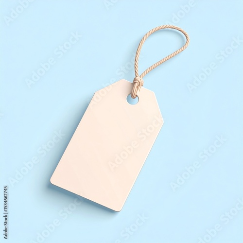 Blank Beige Tag with Jute String on Light Blue Background