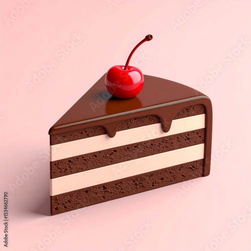 Chocolate Cake Slice with Cherry Topping on Pink Background